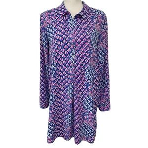 Lilly Pulitzer Lilith Collar Shirt Dress Medium Blue Pink Pineapple Print Casual